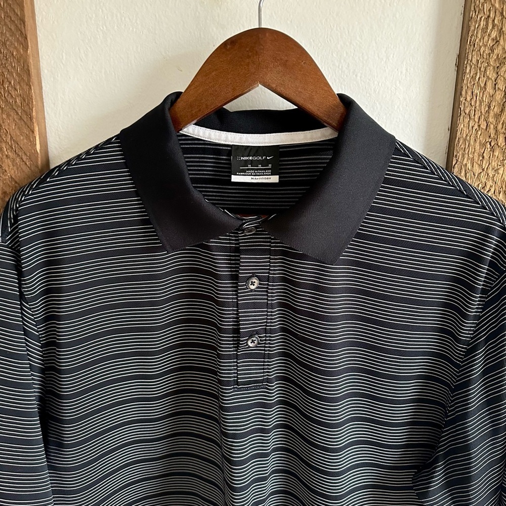 Nike Golf Polo Shirt Mens Medium Black White Striped Dri Fit Performance Stretch
